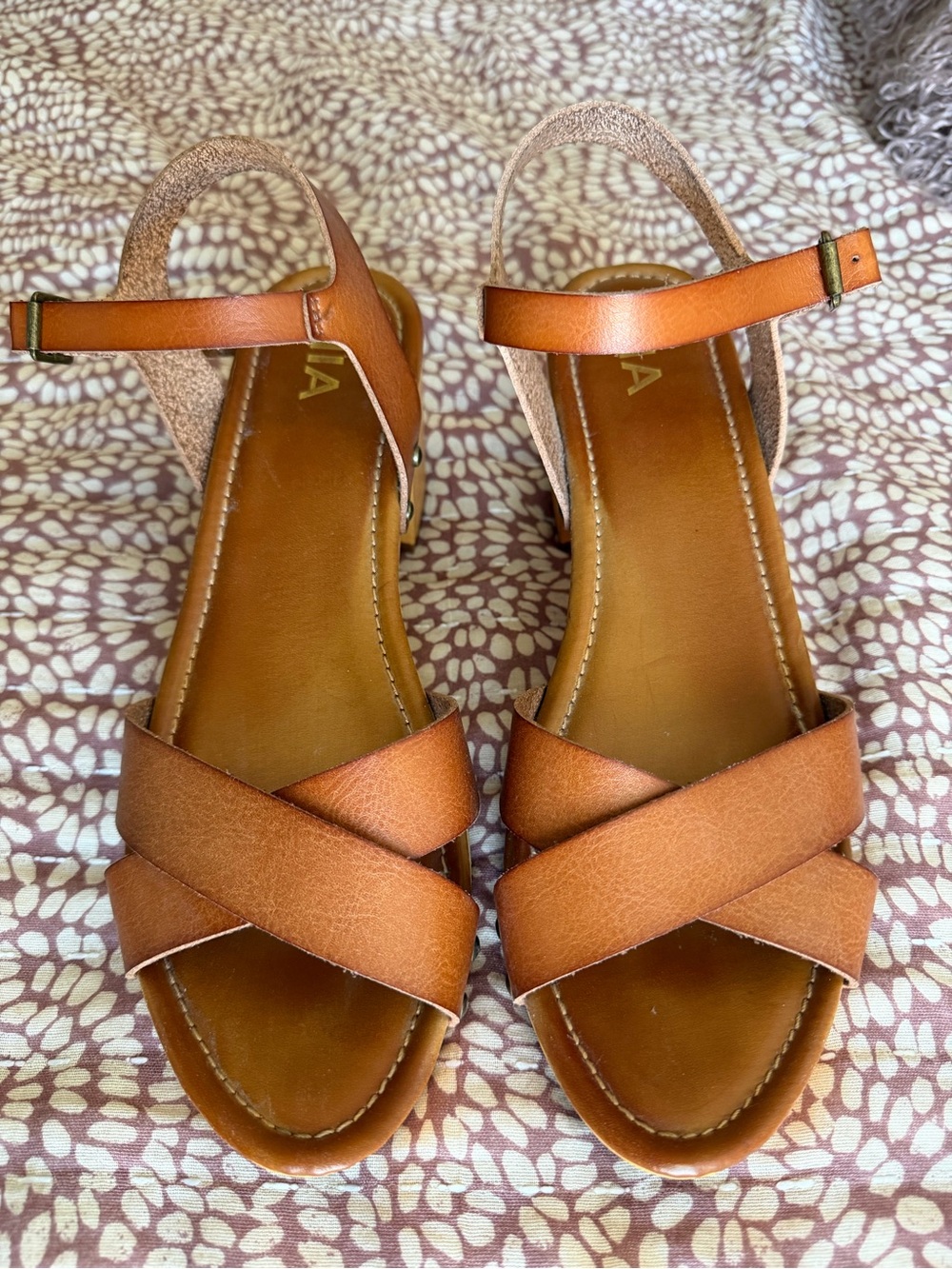 MIA Cognac Leather Crisscross Ankle-Strap Sandals